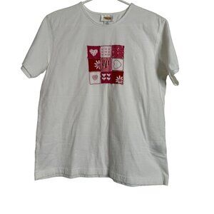 Talbots White Size Medium Love tee Embroidered Design Short Sleeve
